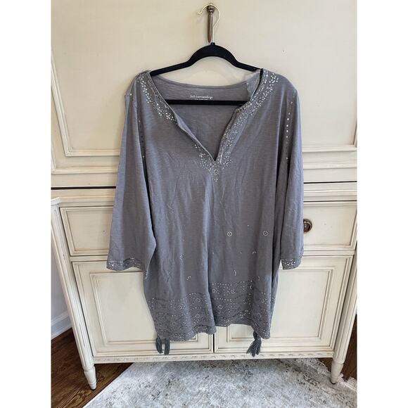 NWT Soft Surroundings Gray Sequin Trim Tunic Tassels Plus‎ Size 3X 100% Cotton - Picture 1 of 11